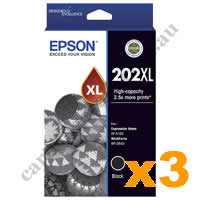 3 x Genuine Epson T02P1/202XL High Yield Black Ink Cartridge