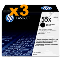 3 x Genuine HP 55X (CE255X) Black Toner Cartridge
