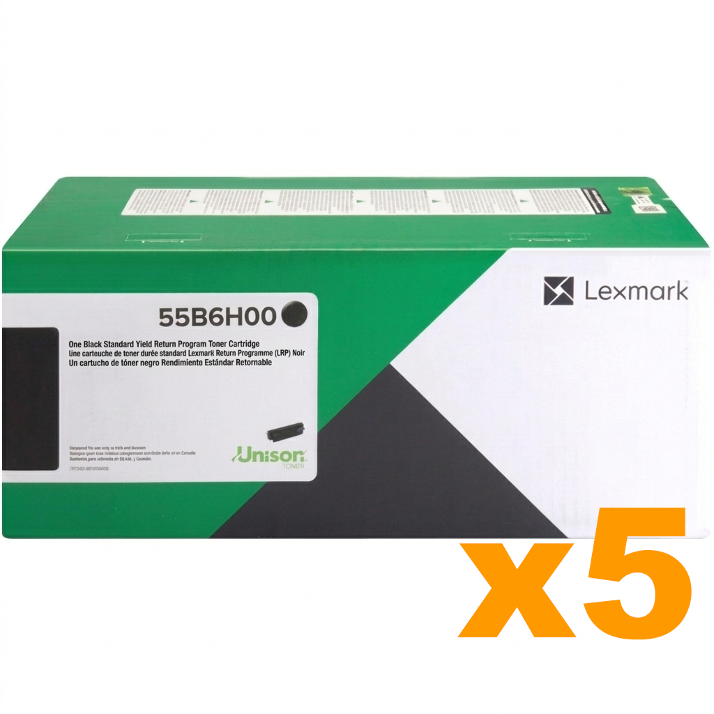5 x Genuine Lexmark 55B6H00 HY Black Toner Cartridge