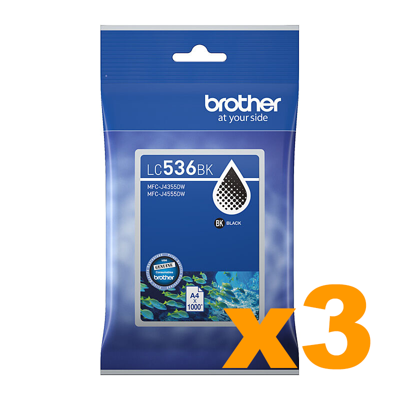 3 x Genuine Brother LC536BK Black Ink Cartridges