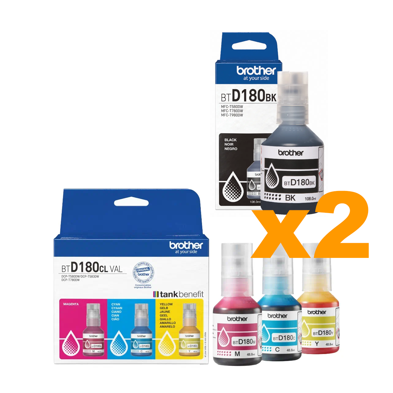 2 Sets Genuine Brother BTD180 Ink Bottles BCMY