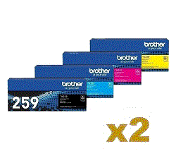 2 Sets Genuine Brother TN259 High Yield Toner Cartridges B/C/M/Y