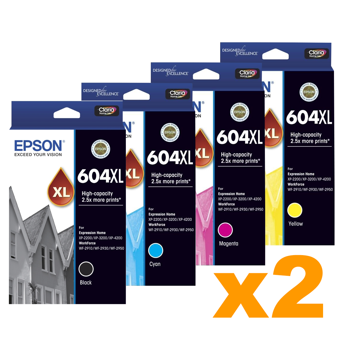 2 Sets Genuine Epson 604XL High Yield Ink Cartridges BK/C/M/Y