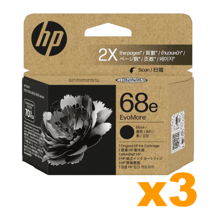 3 x Genuine HP 68e Black Ink Cartridge 7FP22TA