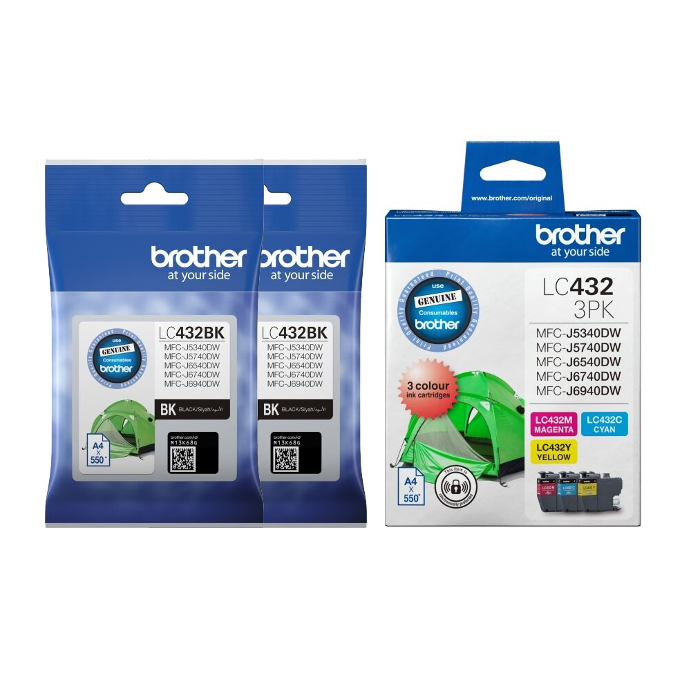 2 x Genuine Brother LC432 Black + 1 x LC432 C/M/Y Ink Cartridges