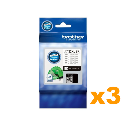 3 x Genuine Brother LC432XLBK Black Ink Cartridge