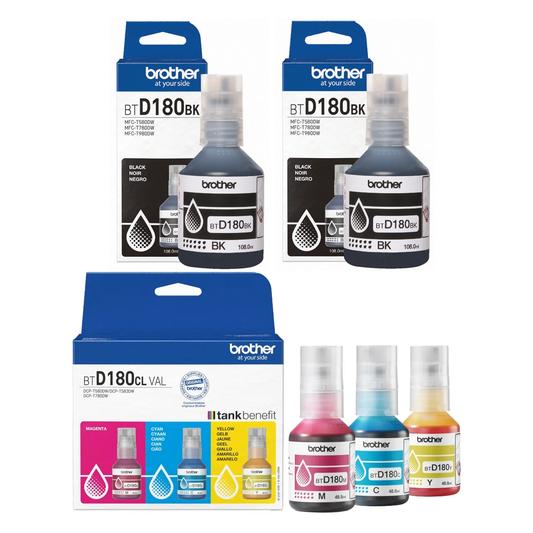 2 x Black + 1 CMY Genuine Brother BTD180 Ink Bottles