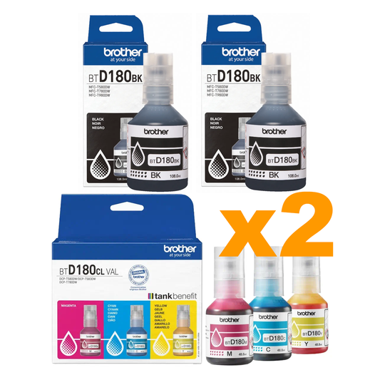 4 x Black + 2 CMY Genuine Brother BTD180 Ink Bottles