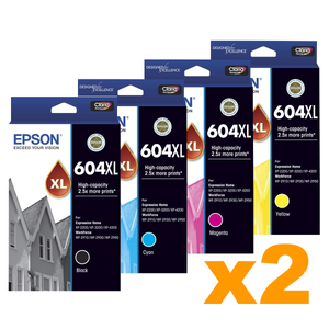 2 Sets Genuine Epson 604XL High Yield Ink Cartridges BK/C/M/Y