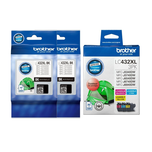 2 x Genuine Brother LC432XL Black + 1 x LC432XL C/M/Y Ink Cartri