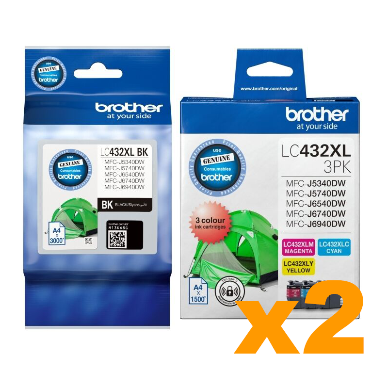 2 Sets Genuine Brother LC432XL BK/C/M/Y Ink Cartridges