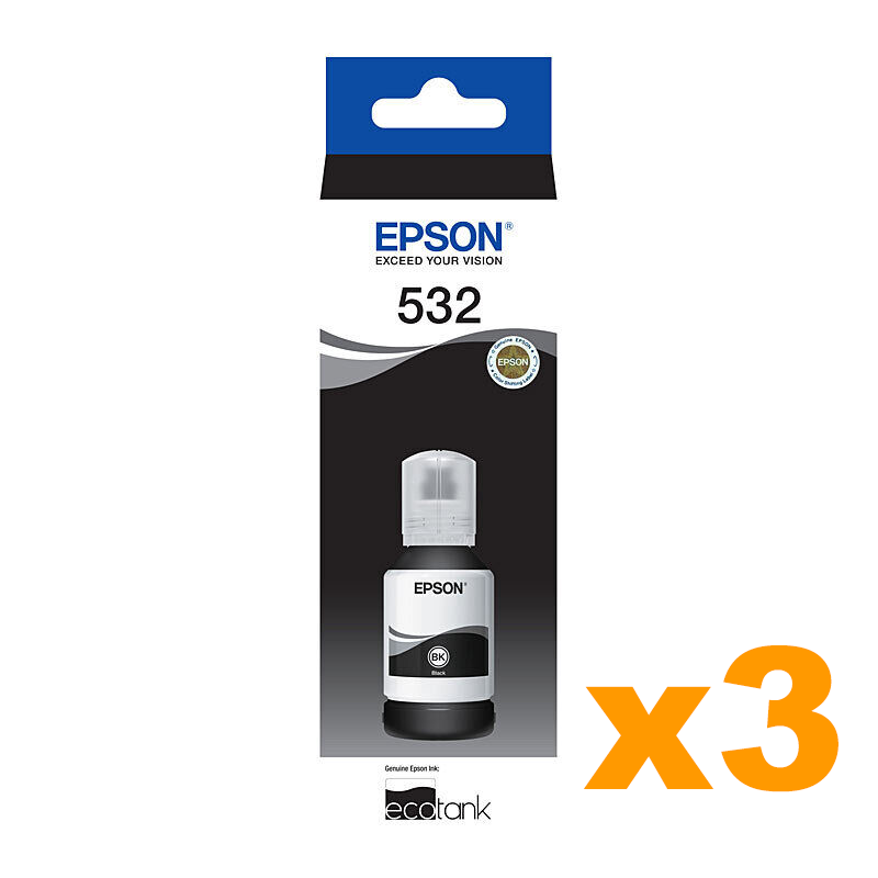 3 x Genuine Epson T532 EcoTank Black Ink Bottles