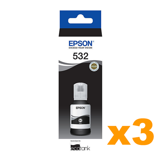 3 x Genuine Epson T532 EcoTank Black Ink Bottles