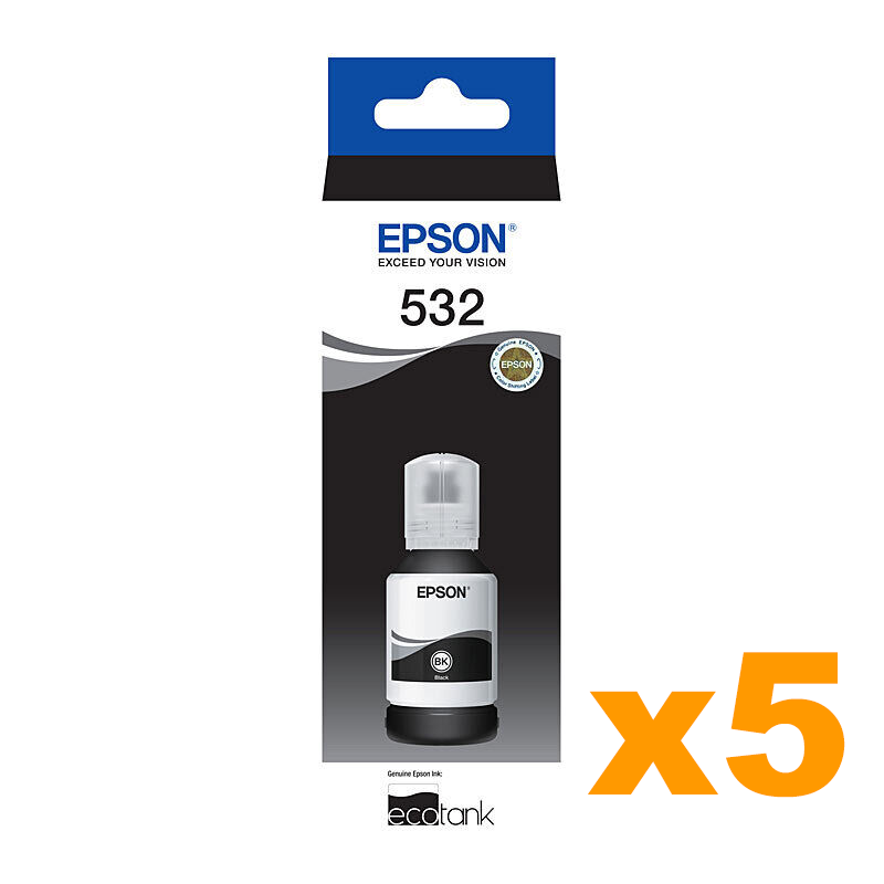 5 x Genuine Epson T532 EcoTank Black Ink Bottles