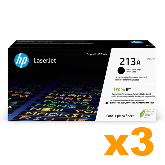 3 x Genuine HP 213A Black Toner Cartridges W2130A