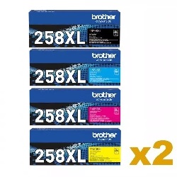 2 Sets Genuine Brother TN258XL High Yield Toner Cartridges B/C/M